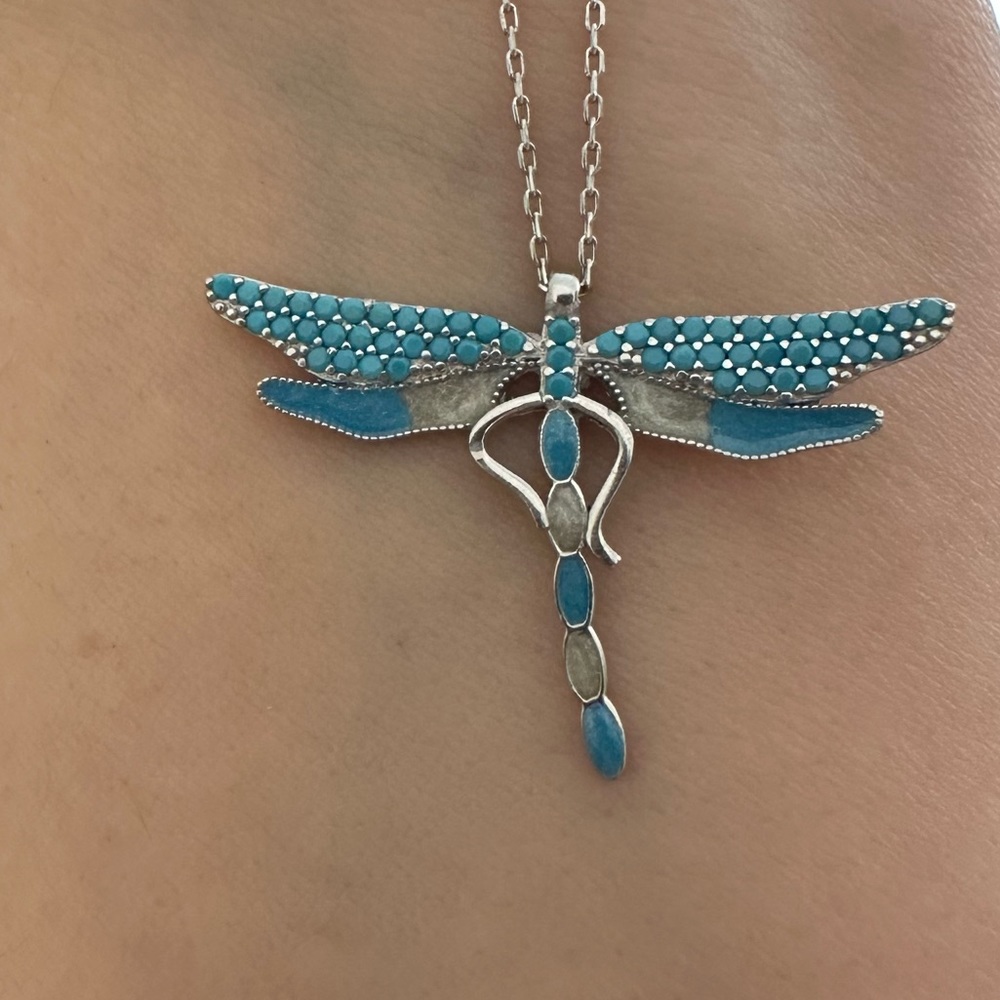 925 Silver dragonfly necklace turquoise stones - Picture 3 of 4